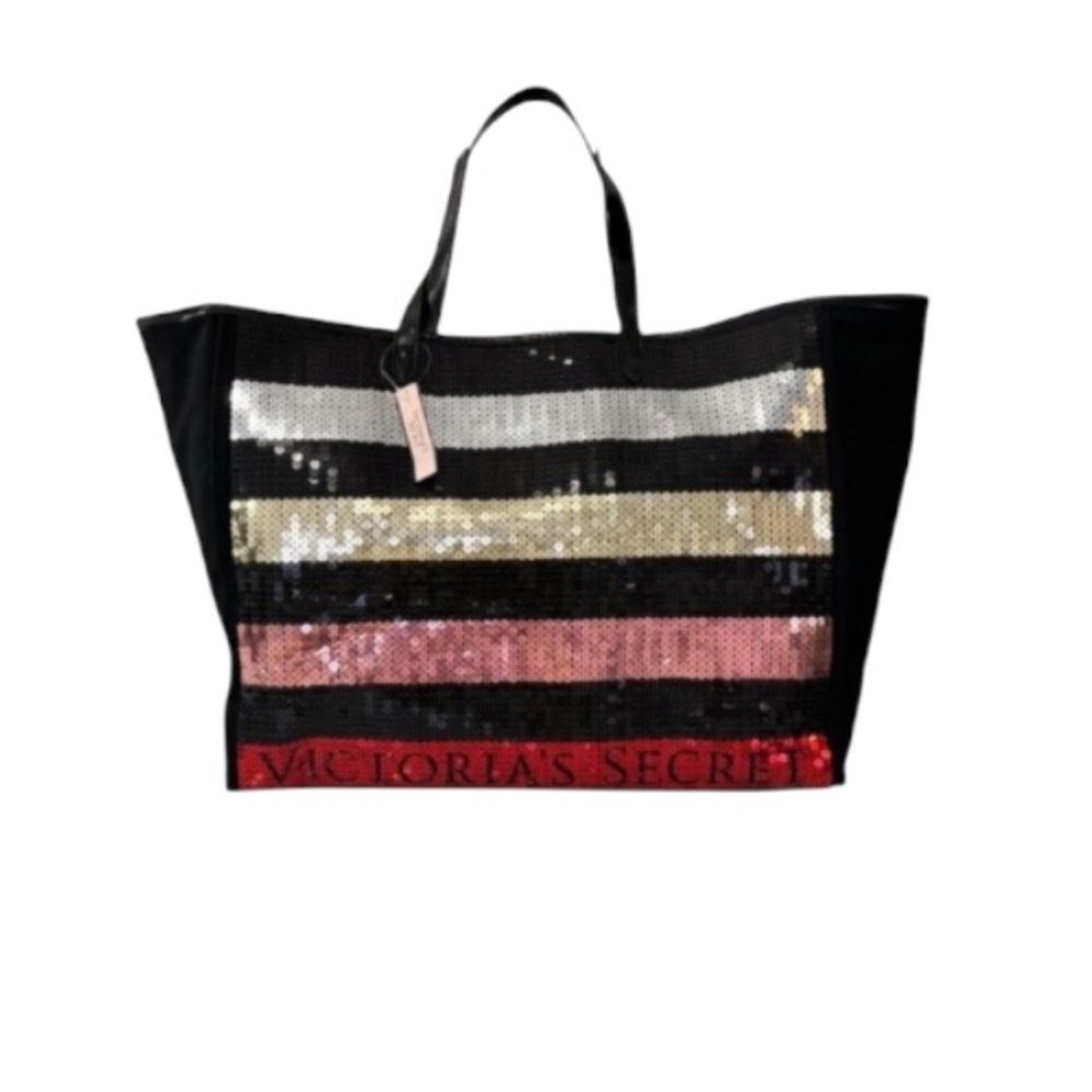 NEW Victoria Secret Sequin Striped Tote Weekend Overnight Gym Travel Beach Bag